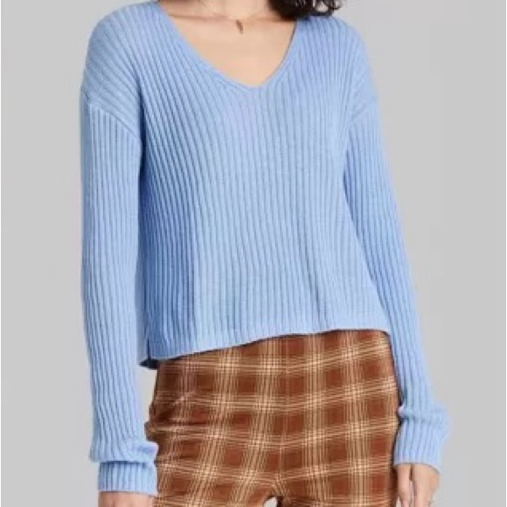 Wild Fable Blue Sweater V Neck Sweater Knit Ribbed Stretchy Pullover Cardigan